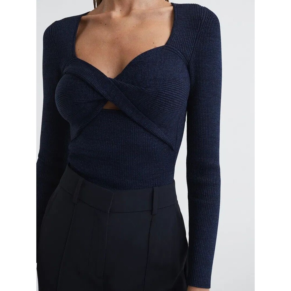Reiss Norie Navy Ribbed Knit Long Sleeve Sweetheart Cut-Out Sweater Size XL NWT